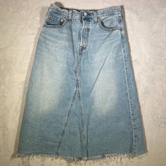 Levi's Midi Jean Skirt Womens 27 Blue Denim A Line High Waist Button Fly Cowgirl - Picture 1 of 12
